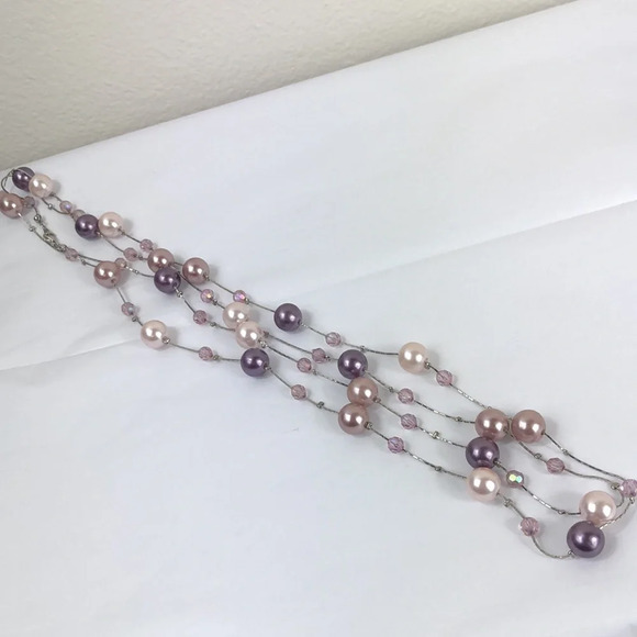 Faux Pearl Rhinestone Necklace Purple & Champagne On Silver Tone Chain - Picture 12 of 16